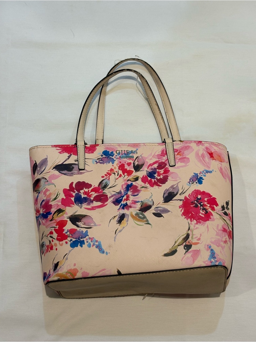 Guess Pink Floral Tote with Multicolor Bloom Print